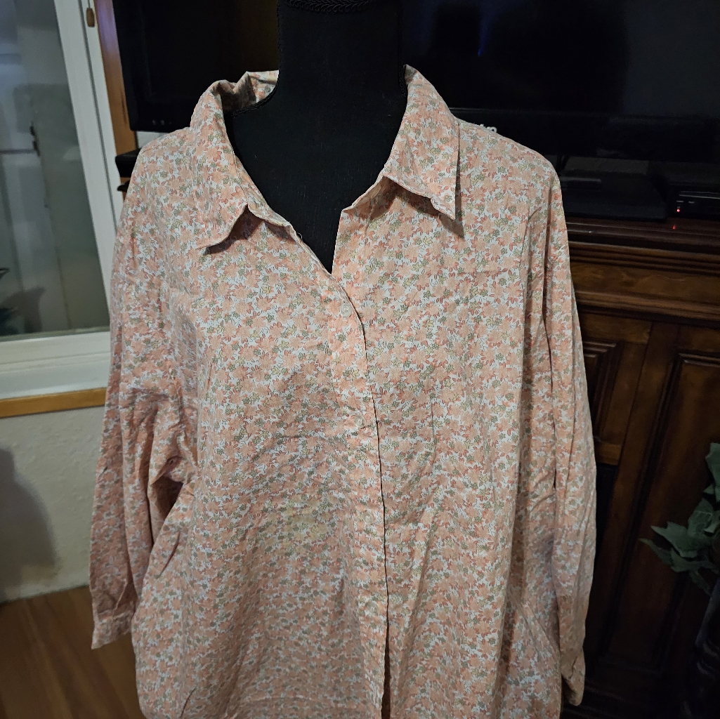 Woman Within Plus Size Blue Floral Print Roll Tab Sleeve Button Down Blouse, 3x